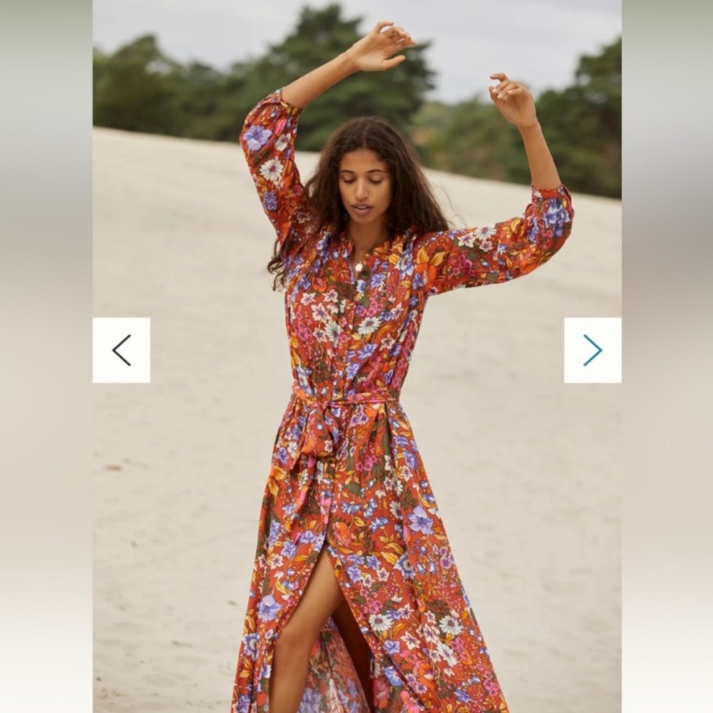 New Anthropologie Vale Maxi Floral Retro Belted Shirt Dress Orange Autumn Fall S - Picture 7 of 9